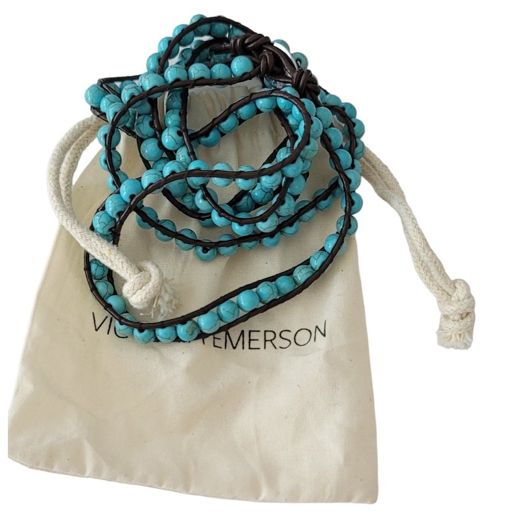 Victoria Emerson Robin’s Egg Blue Bead Leather Wrap Bracelet, 32" Long E598